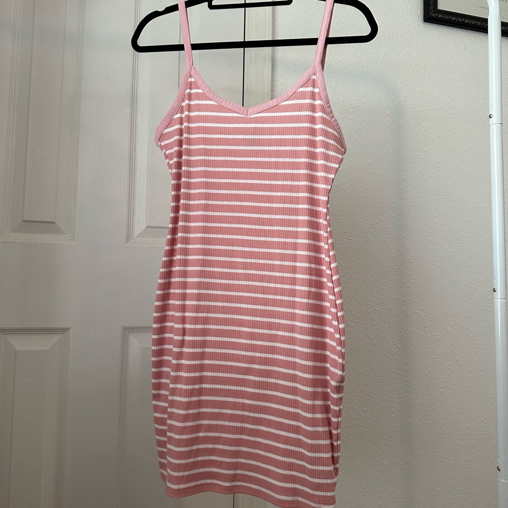 Pink & white striped ribbed body-con dress